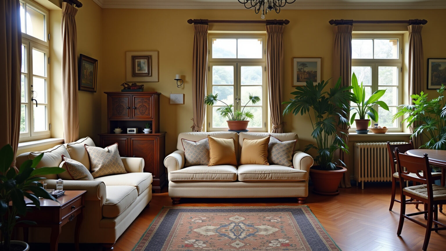 Sala de estar aconchegante com móveis de antiquário e decoração moderna.