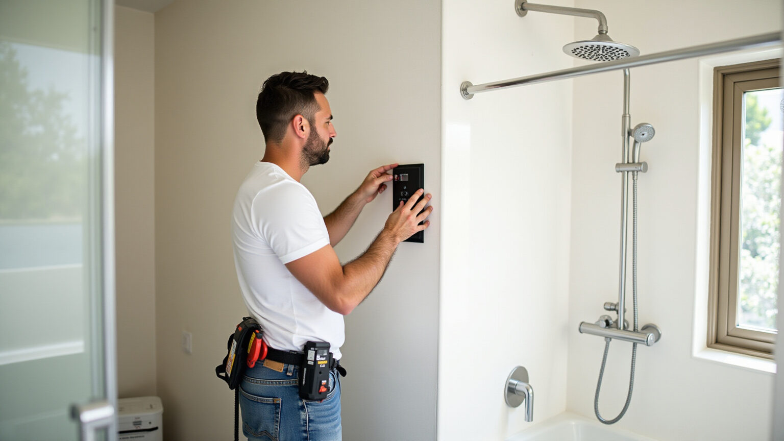 Homem instalando chuveiro elétrico com segurança.