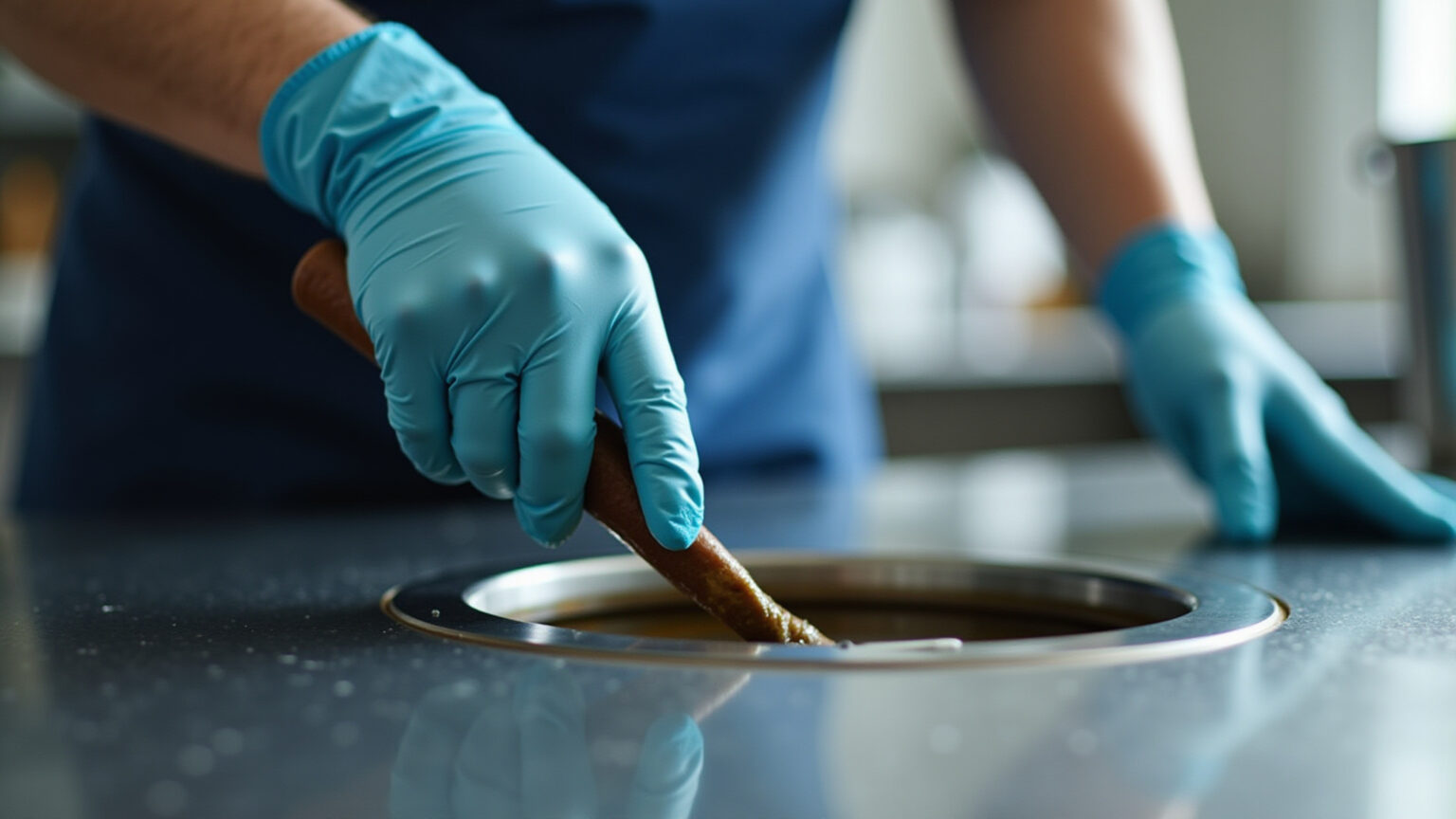 Pessoa limpando caixa de gordura com luvas.