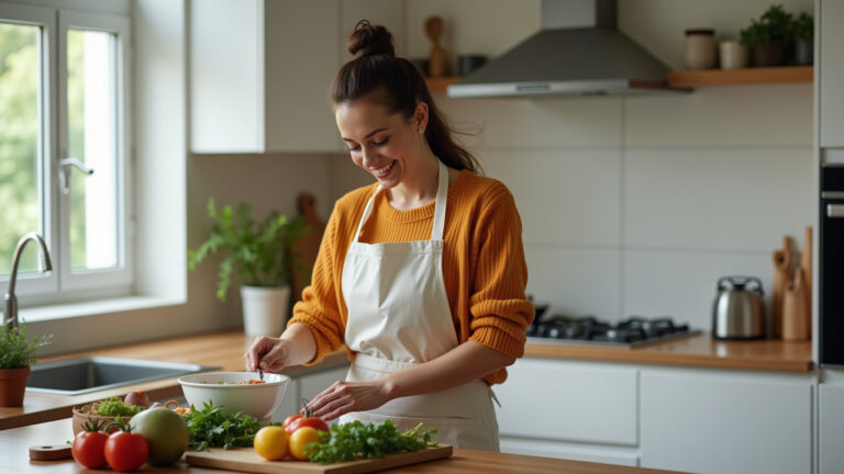 Cozinha moderna minimalista com decoração brasileira vibrante e funcional.