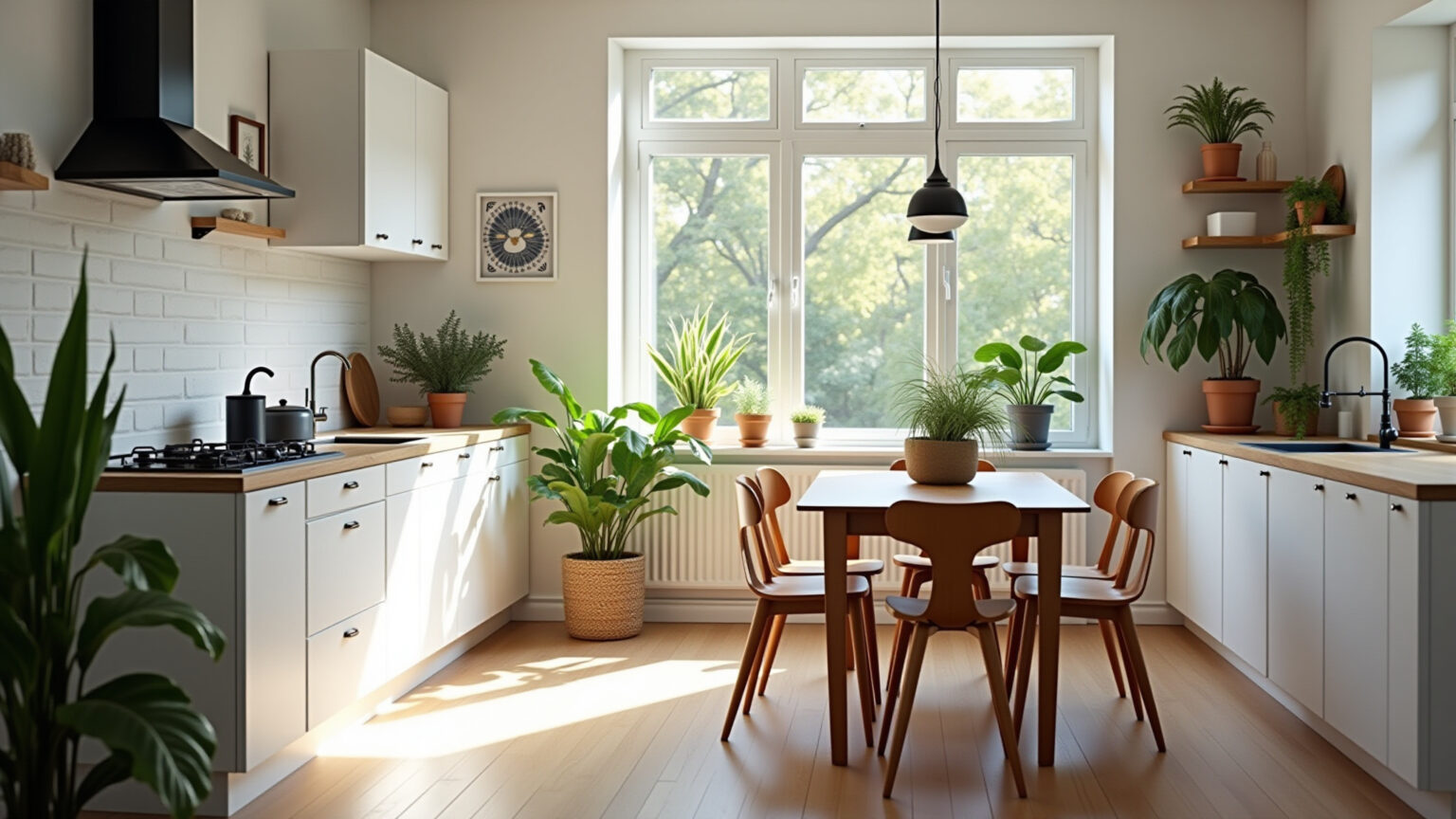 Cozinha escandinava com design minimalista e luz natural.