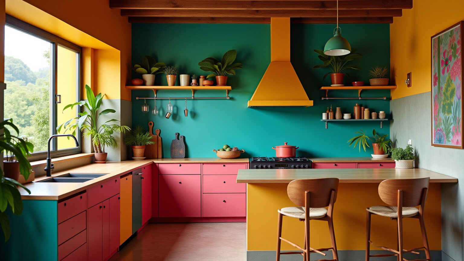 Cozinha colorida e alegre com design brasileiro vibrante.