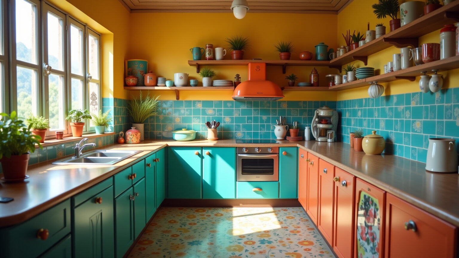 Cozinha vintage vibrante com azulejos coloridos e eletrodomésticos retrô.