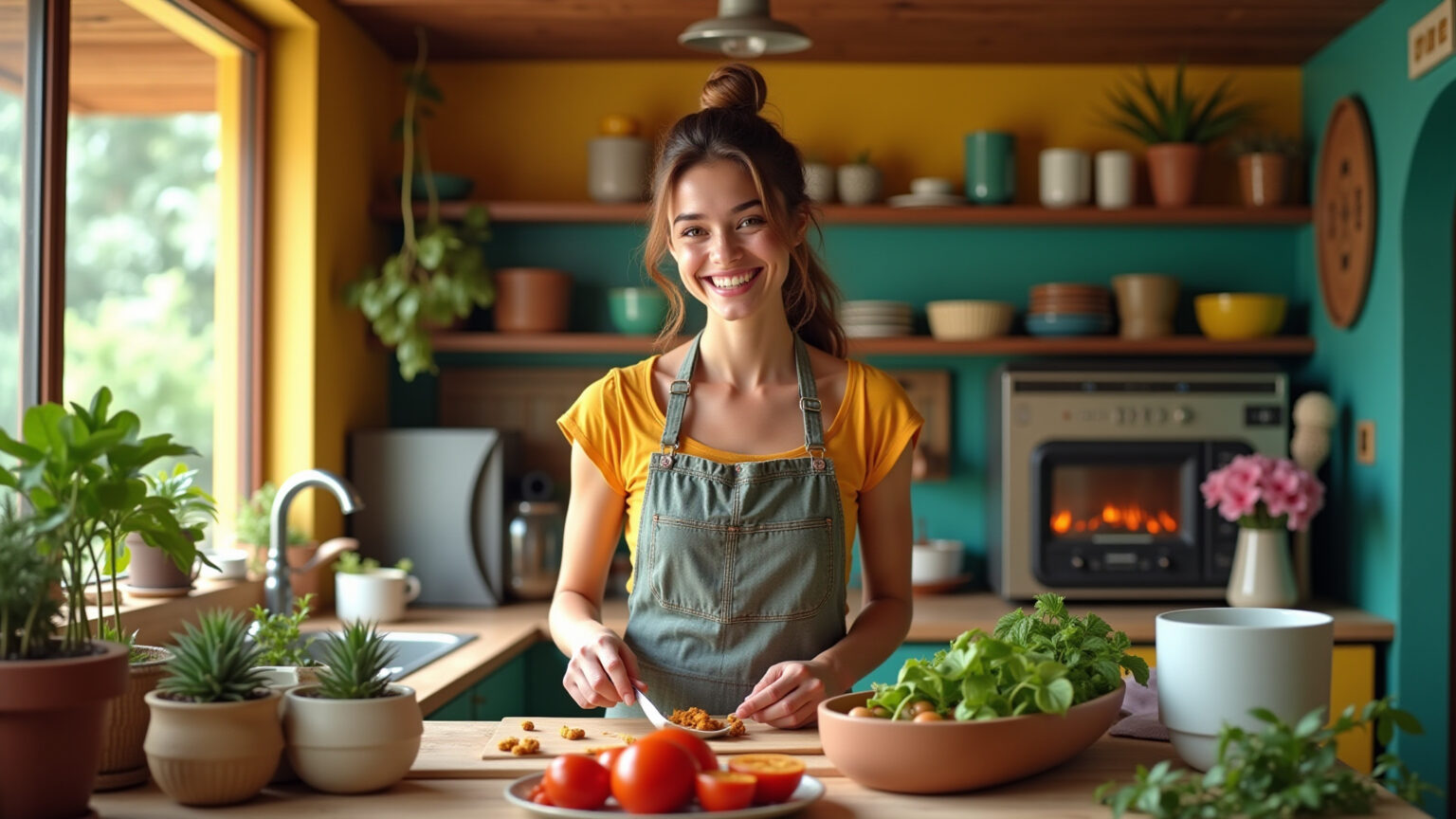 Cozinha compacta e organizada com decoração brasileira vibrante.