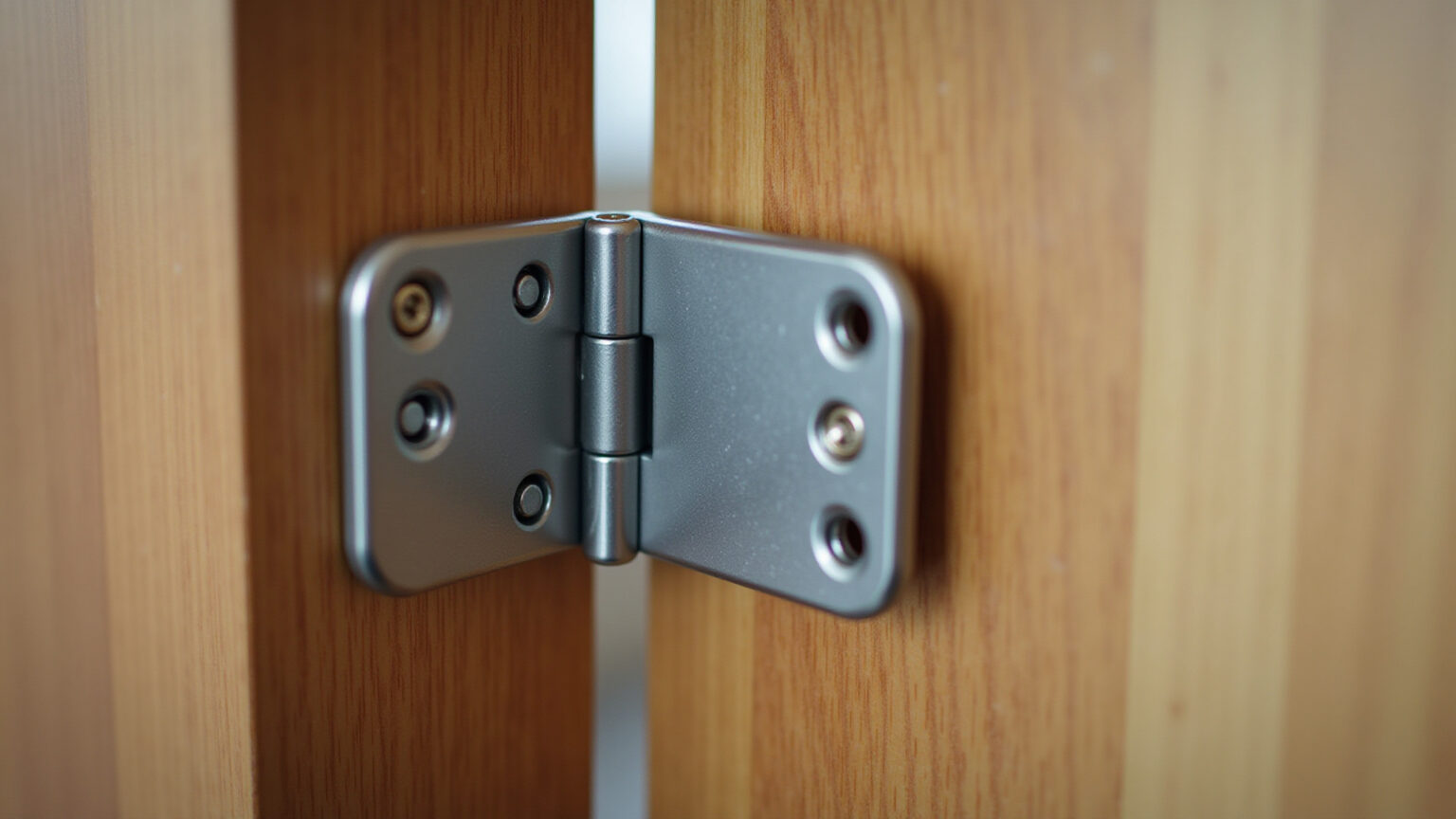 Detalhe da instalação de dobradiça de aço em porta de madeira.