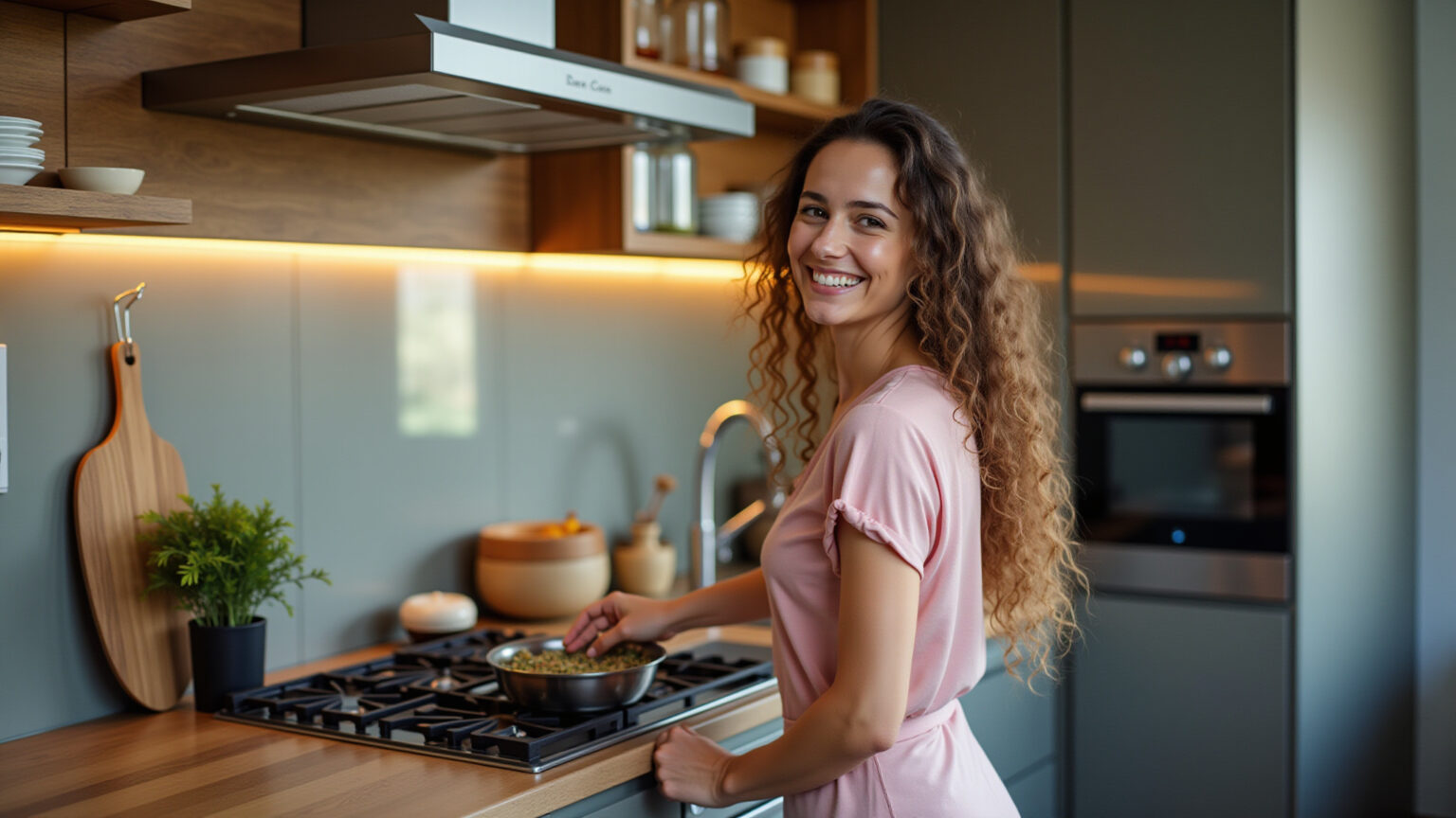 Cozinha moderna com cooktop, forno e coifa de aço inox.
