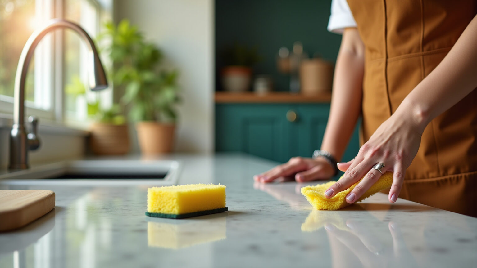 Mulher limpando bancada de quartzo manchada em cozinha brasileira.