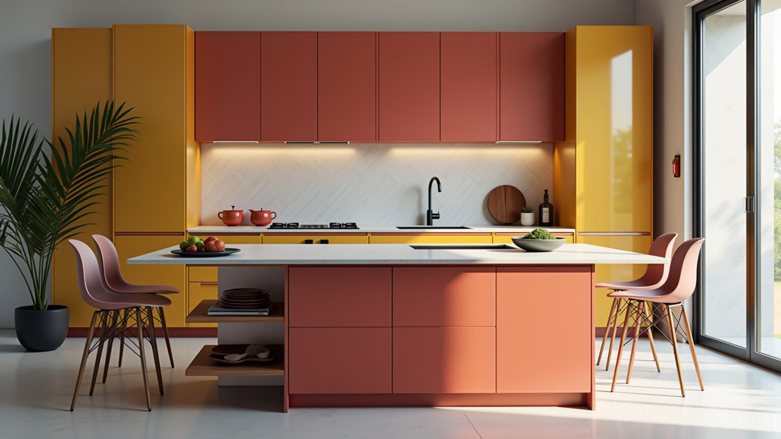 Cozinha moderna com 10 paletas de cores vibrantes para 2025.