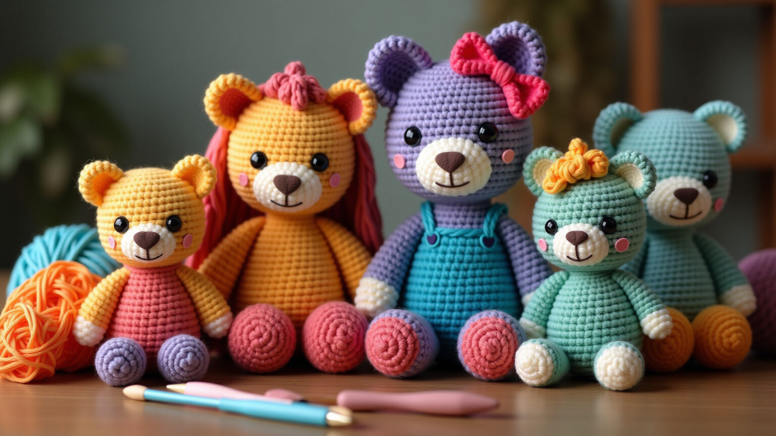 Coloridos amigurumis artesanais expostos em mesa de madeira.