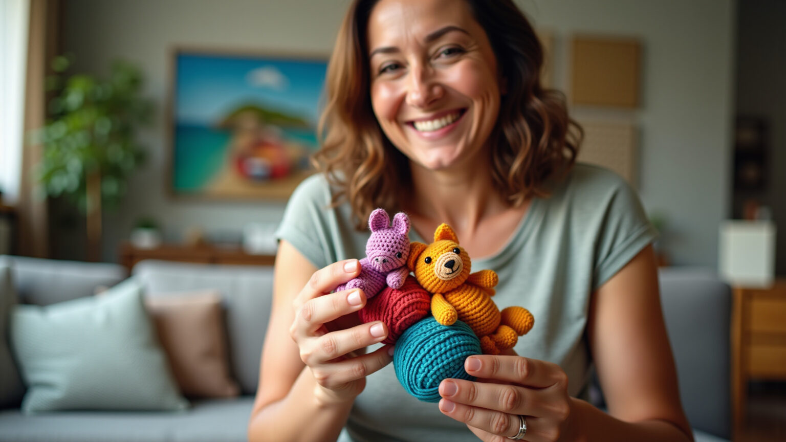 Mulher sorrindo lê receita de amigurumi com agulha de crochê.