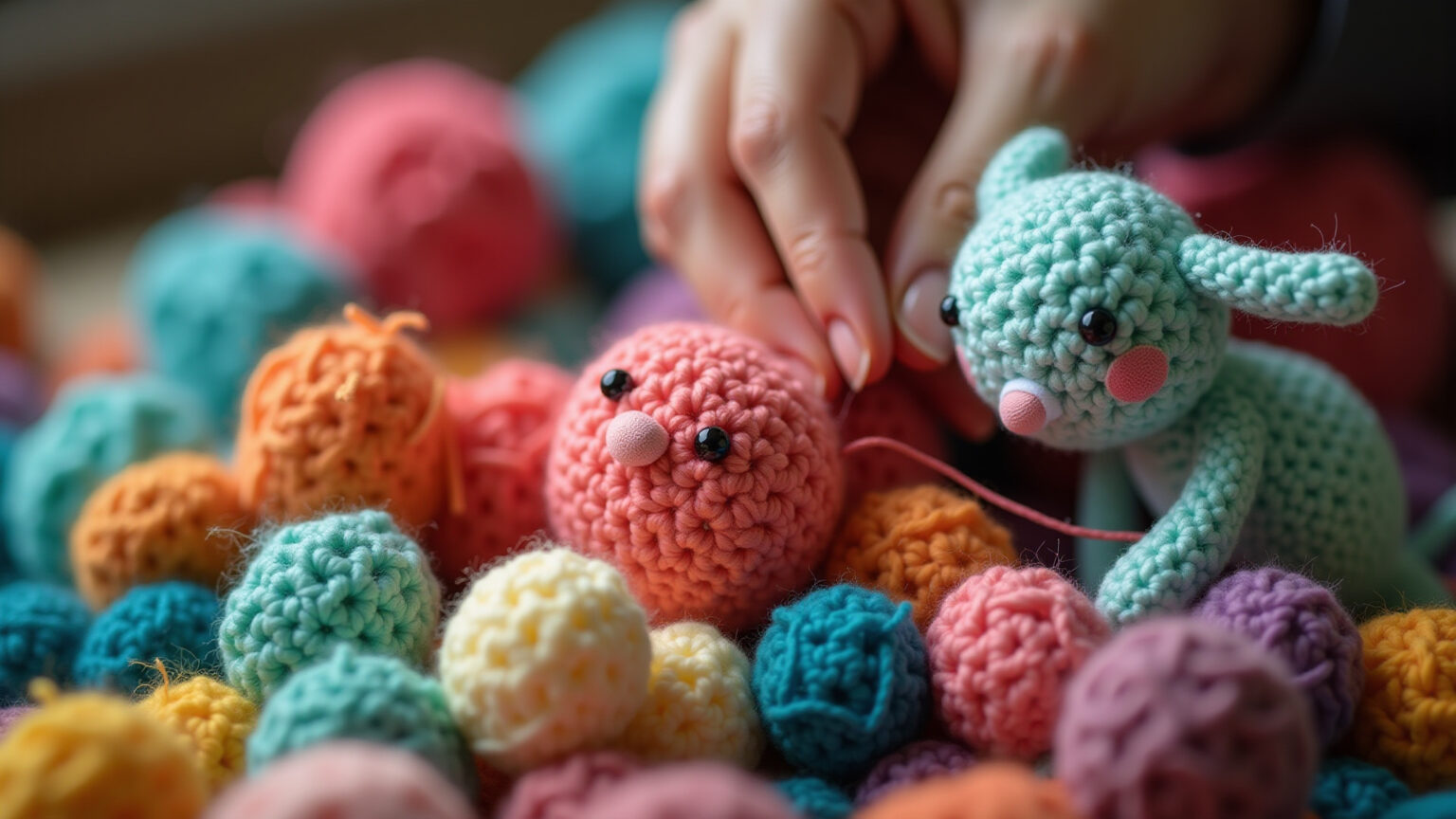Mãos costurando partes de amigurumi colorido.