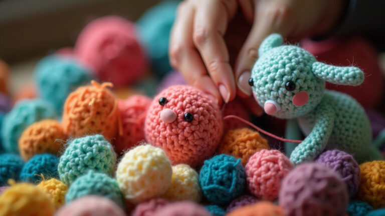 Mãos costurando partes de amigurumi colorido.