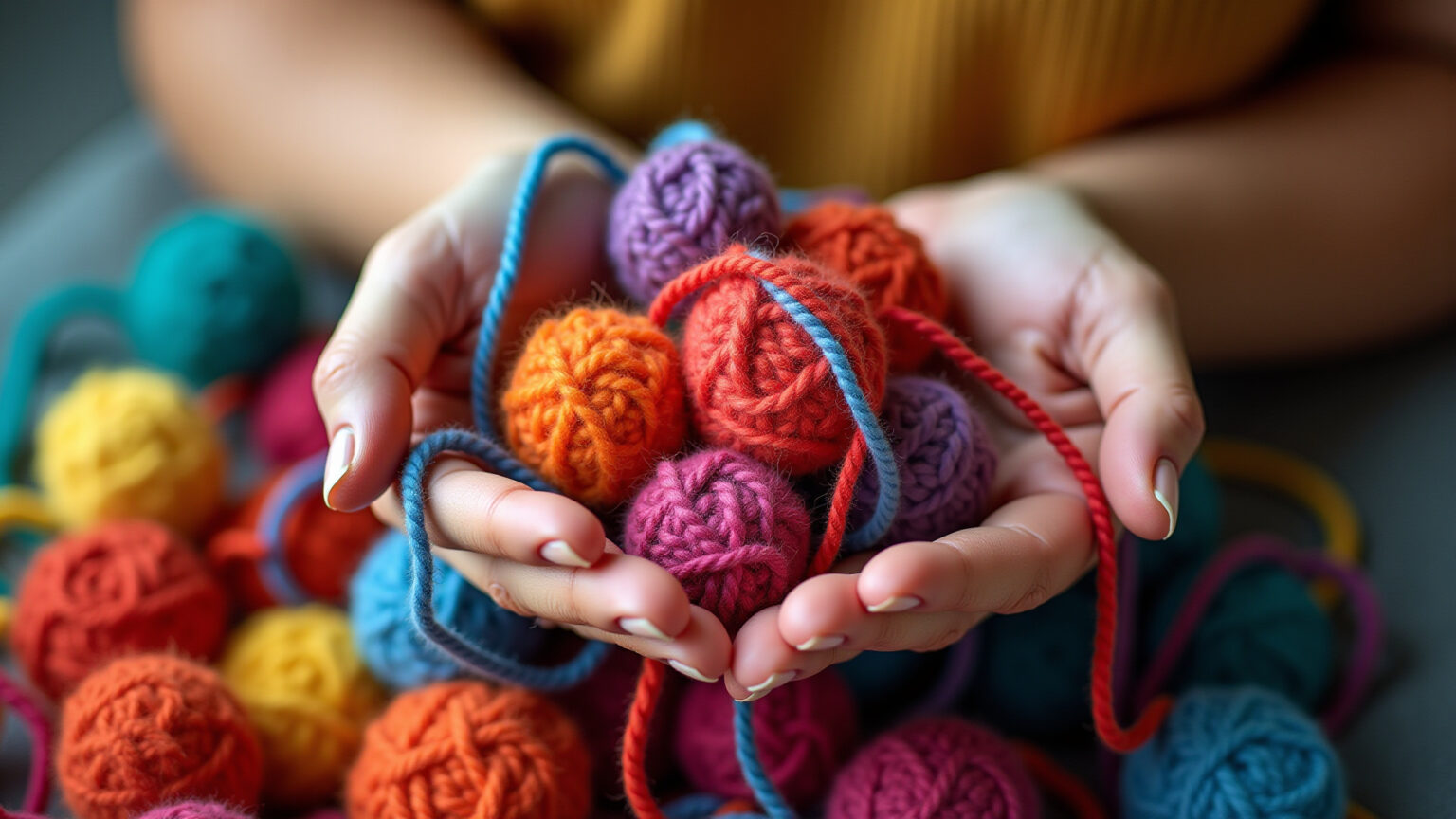 Mãos emaranhadas em fios de amigurumi coloridos, ilustrando erros comuns.