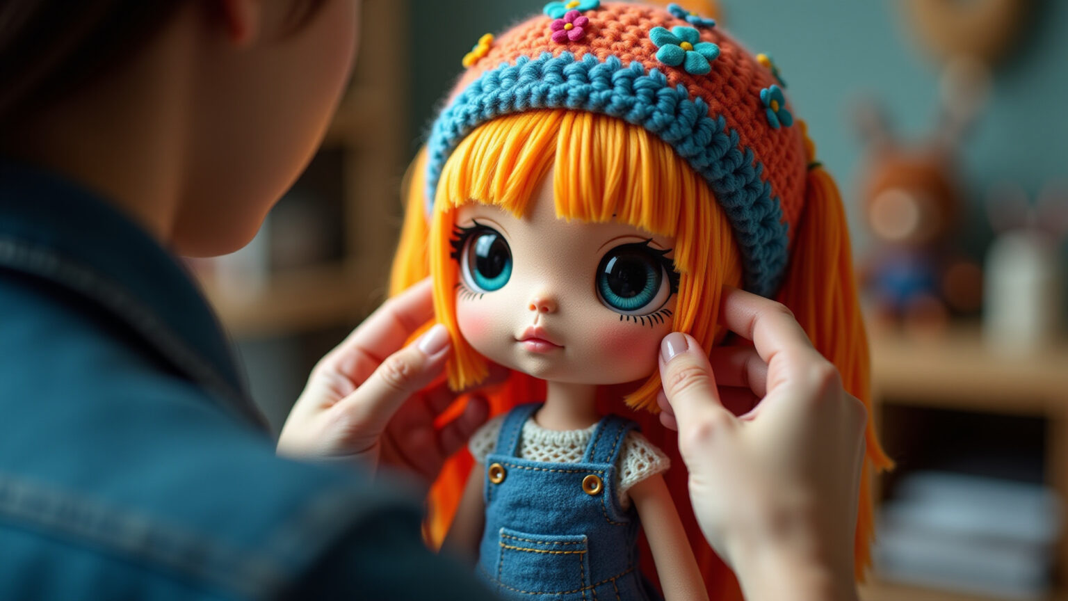 Mãos fixando olhos de amigurumi com trava de segurança.