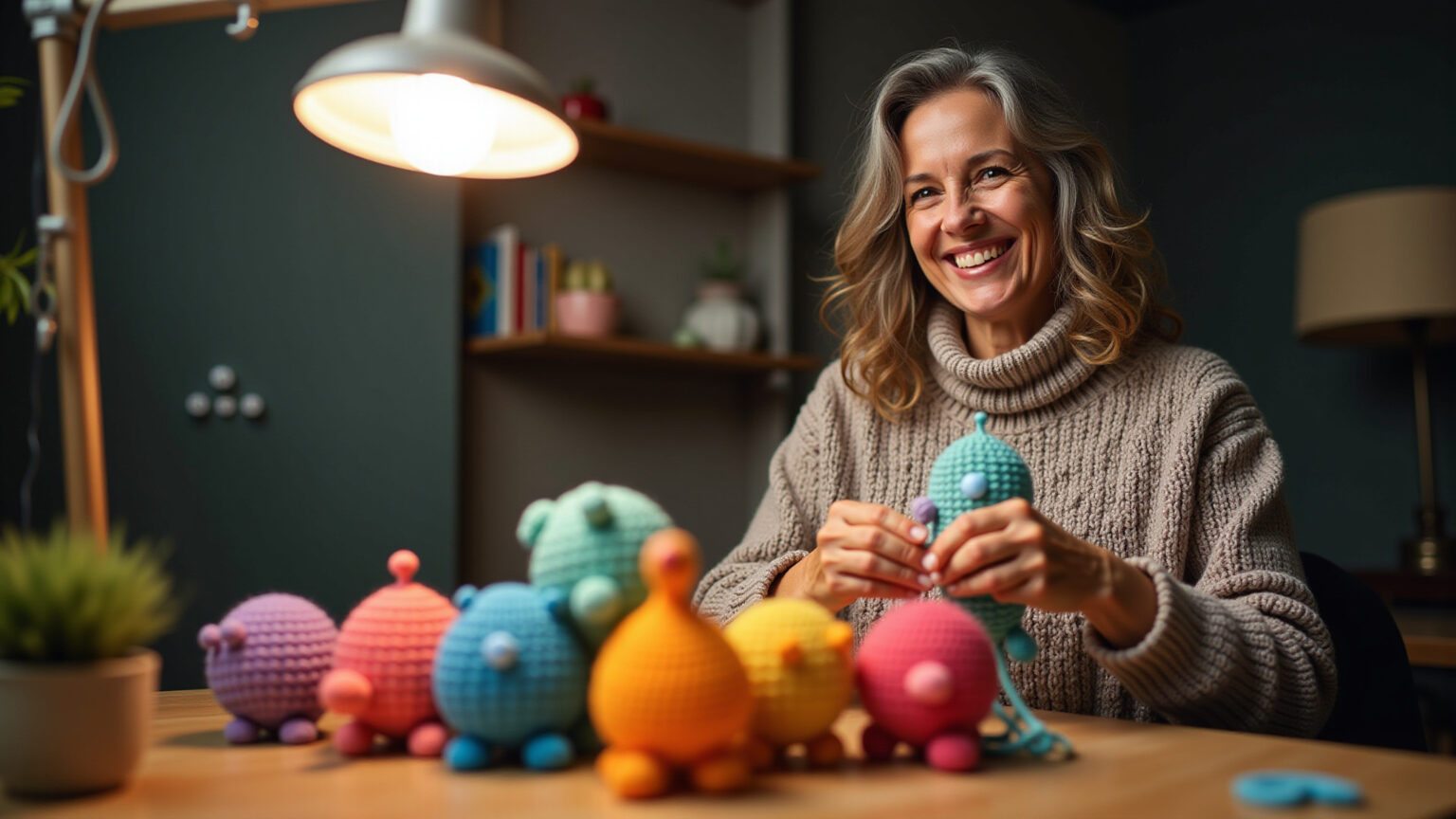 Mulher sorrindo crocheta amigurumi colorido sem costura.
