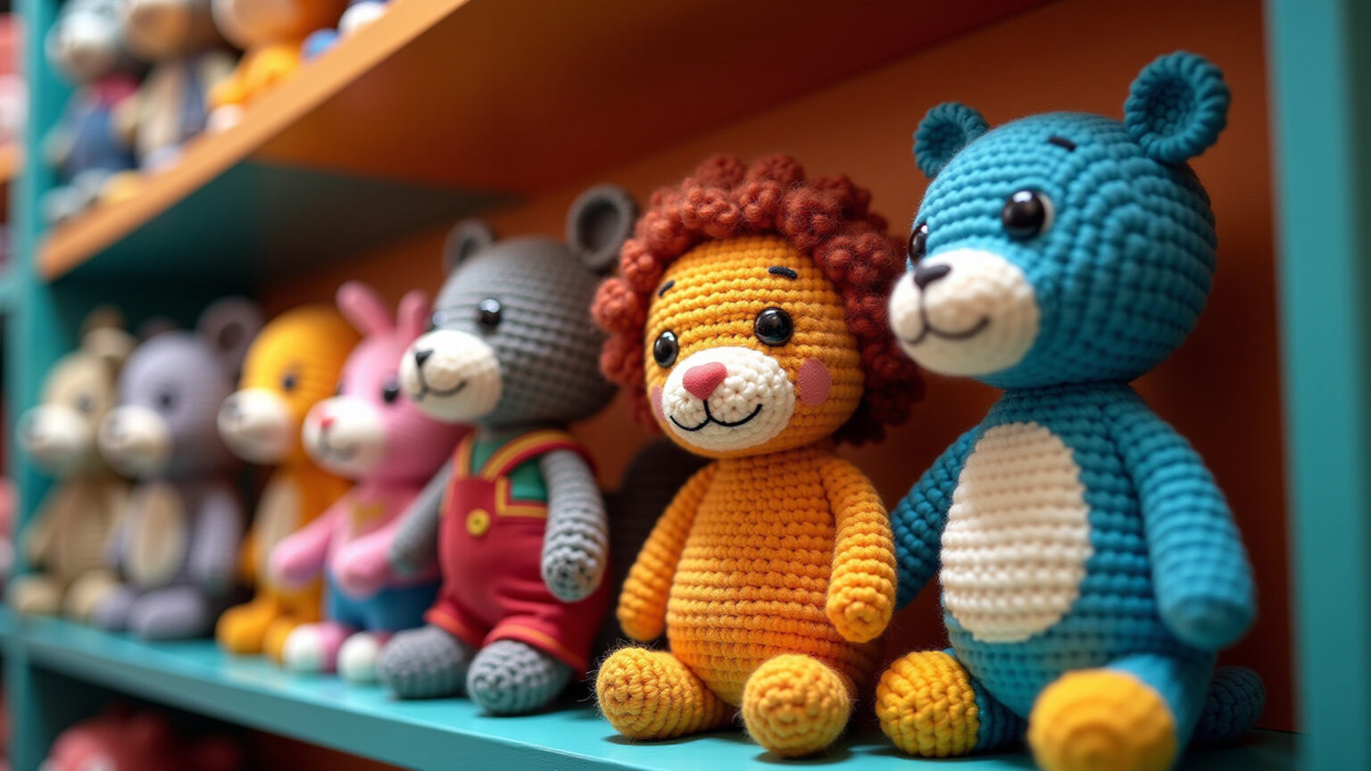 Personagens de desenhos em amigurumi coloridos expostos em prateleira.
