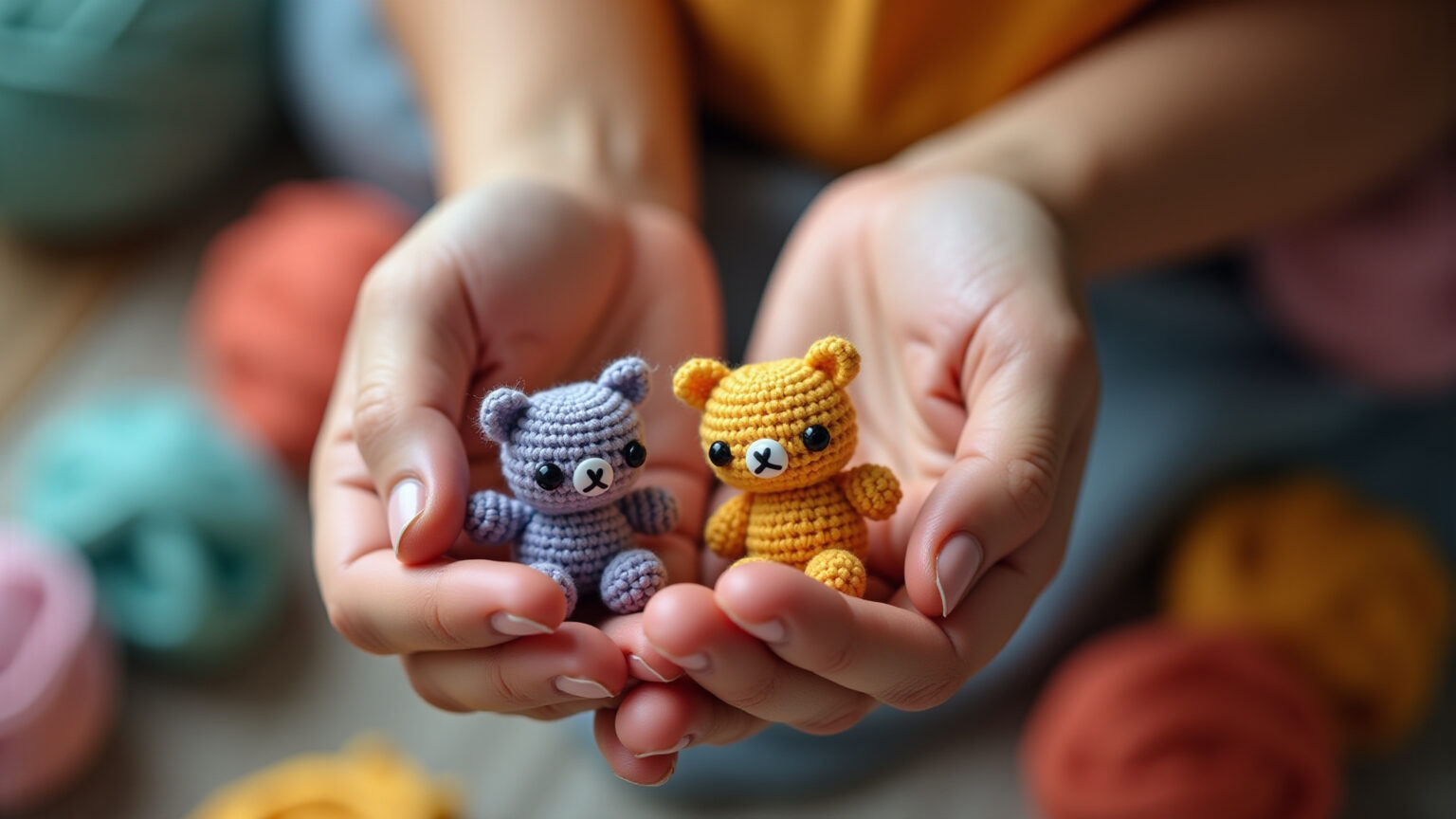 Mãos crocheando mini amigurumis com fios finos e agulhas pequenas.