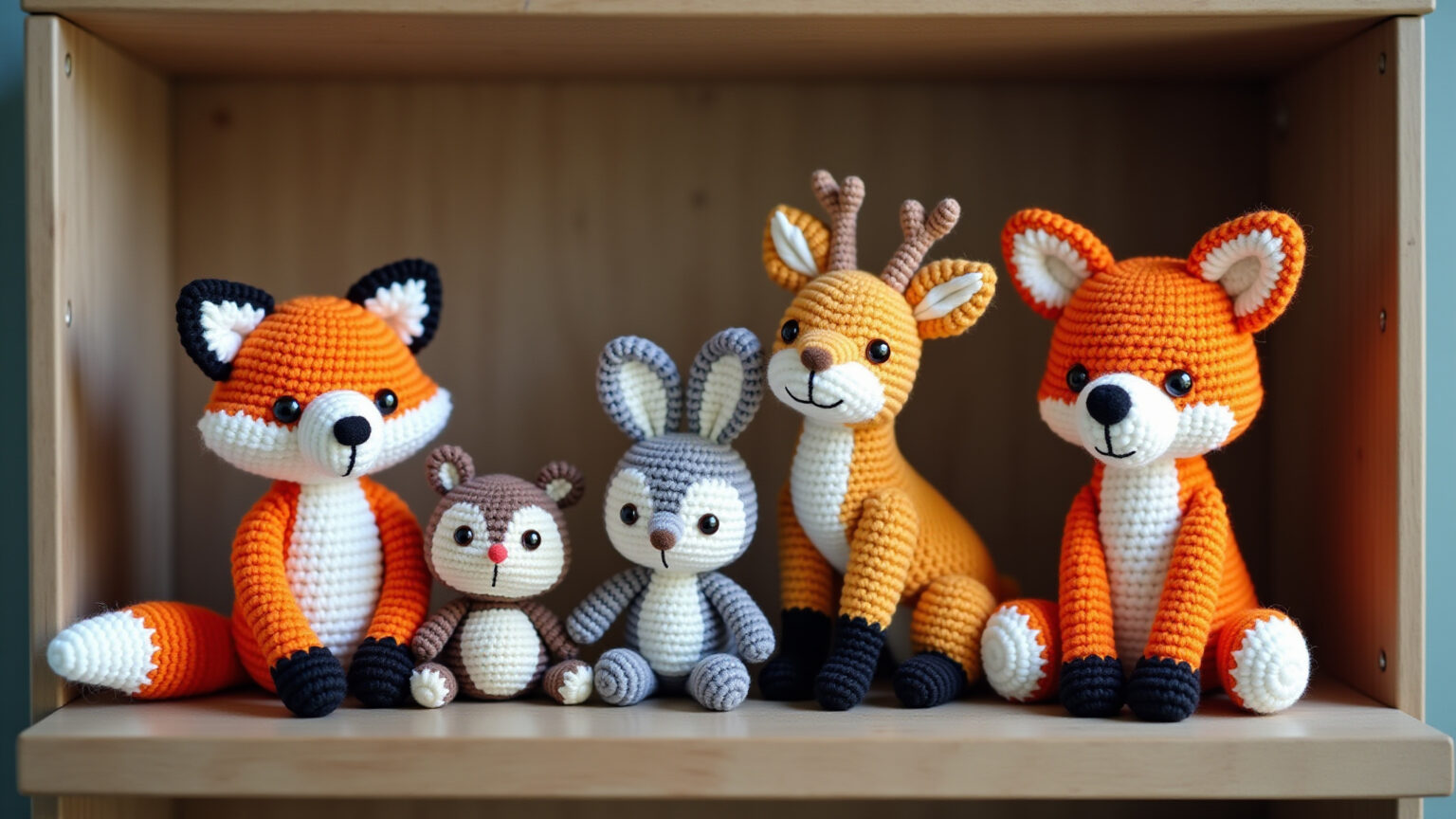 Amigurumis de animais da floresta em prateleira rústica.