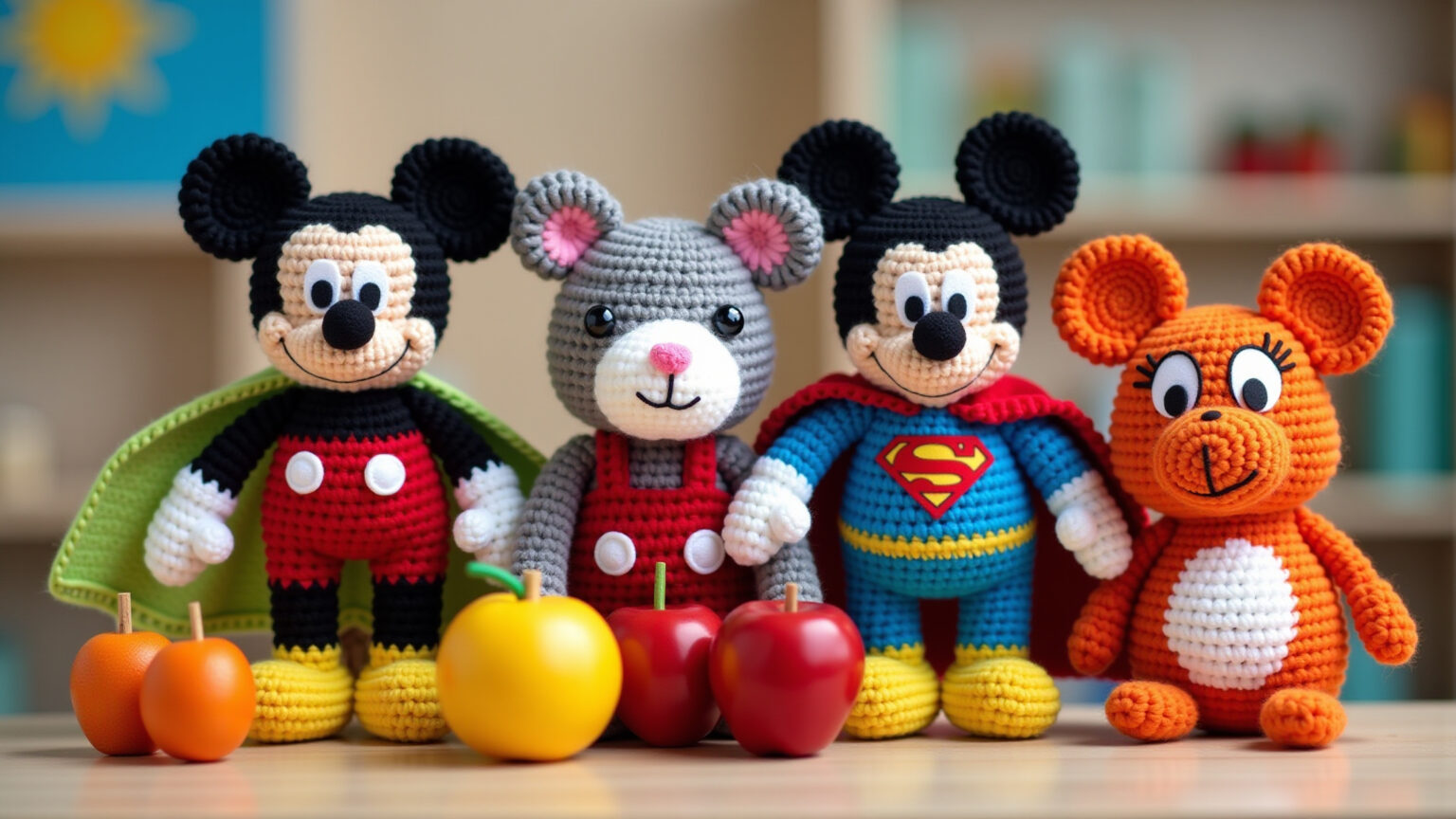 Amigurumis coloridos para o Dia das Crianças: Mickey, animais, heróis, frutas.