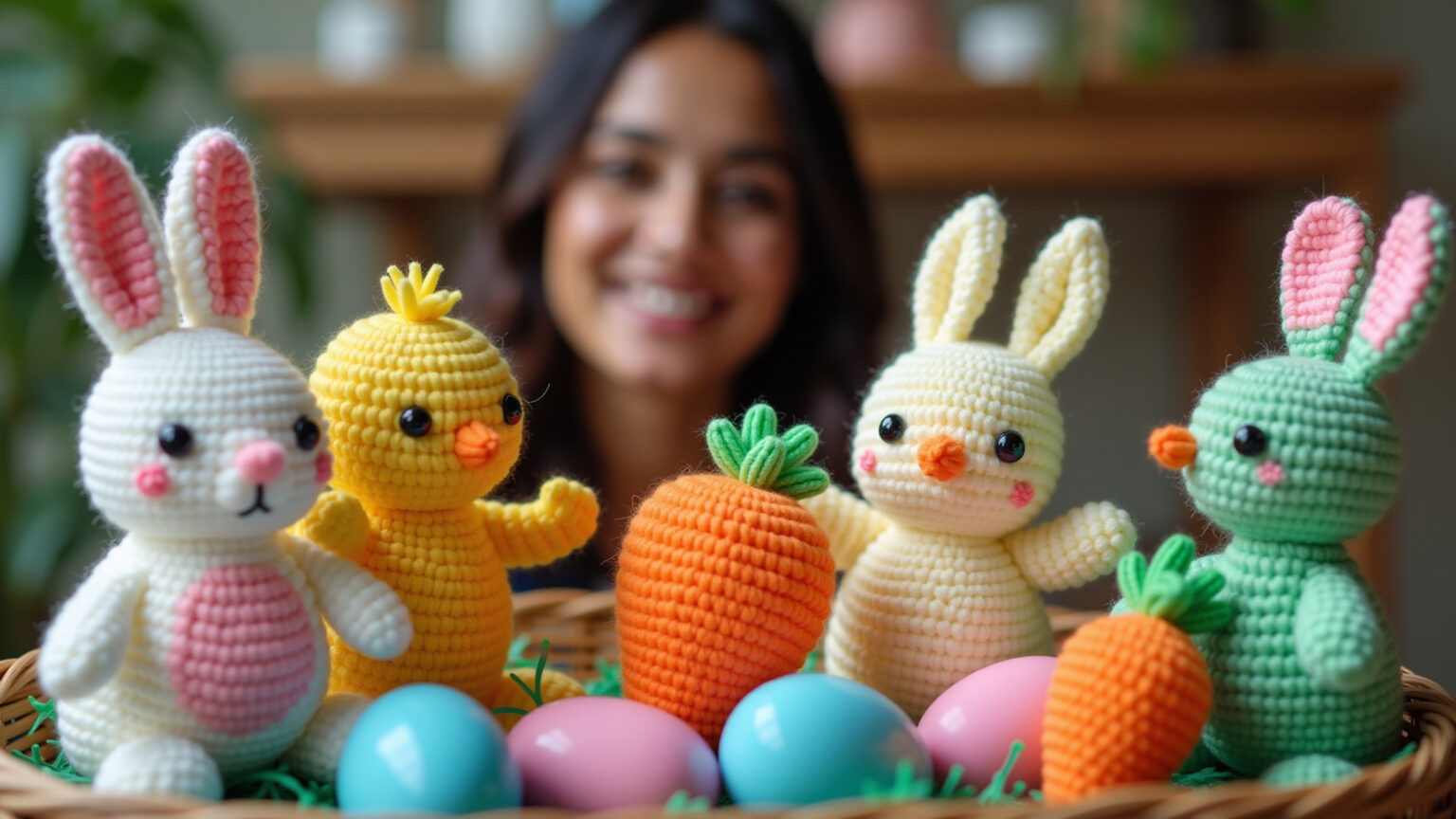 Cesta colorida com amigurumis de Páscoa: coelhos, pintinhos, cenouras e ovos.