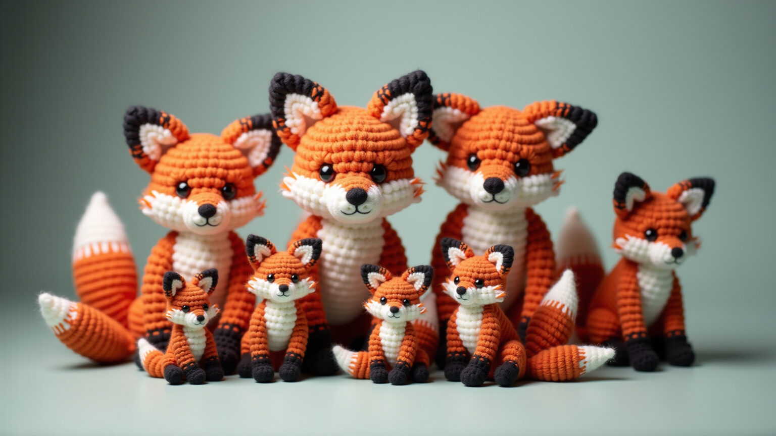 Coleção vibrante de amigurumis de raposa artesanais.