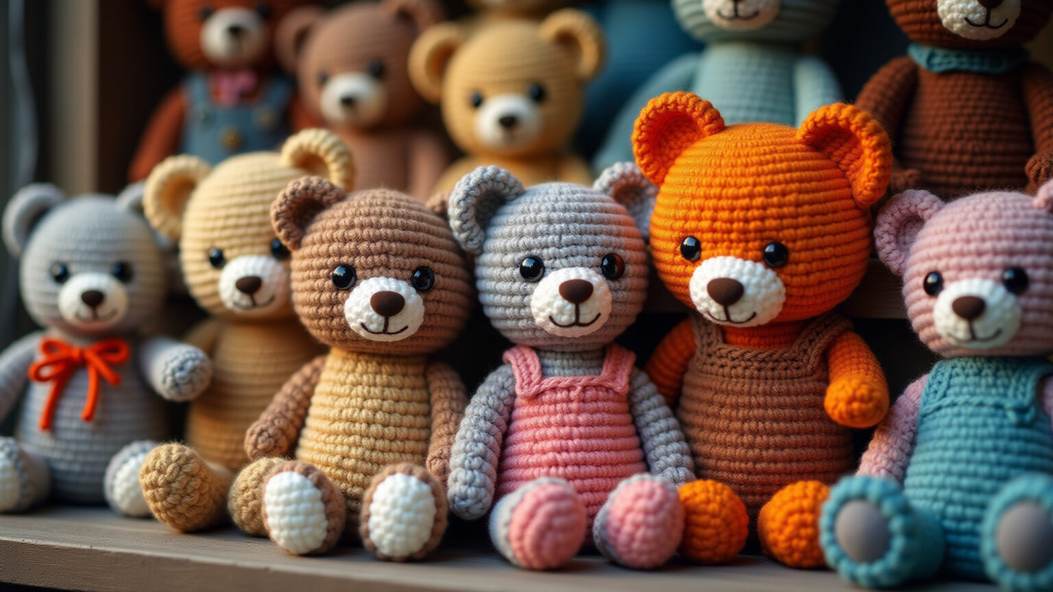 Amigurumis de urso coloridos em exposição artesanal.