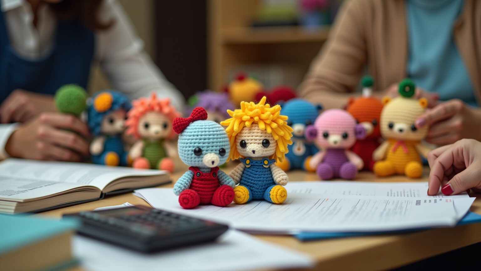 Mãos criando amigurumis e organizando finanças.