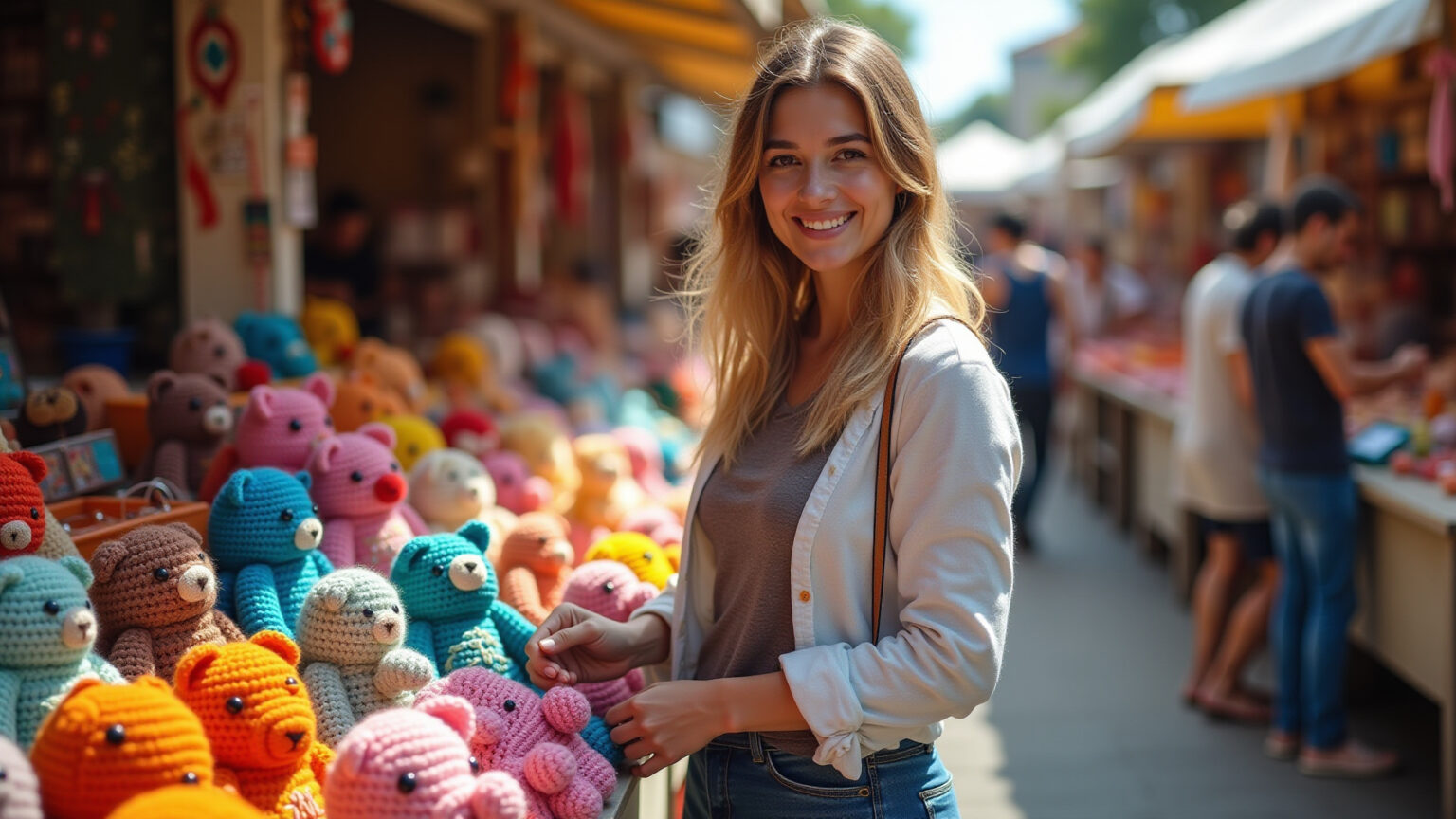 Artesãos brasileiros vendendo amigurumis coloridos em feira.