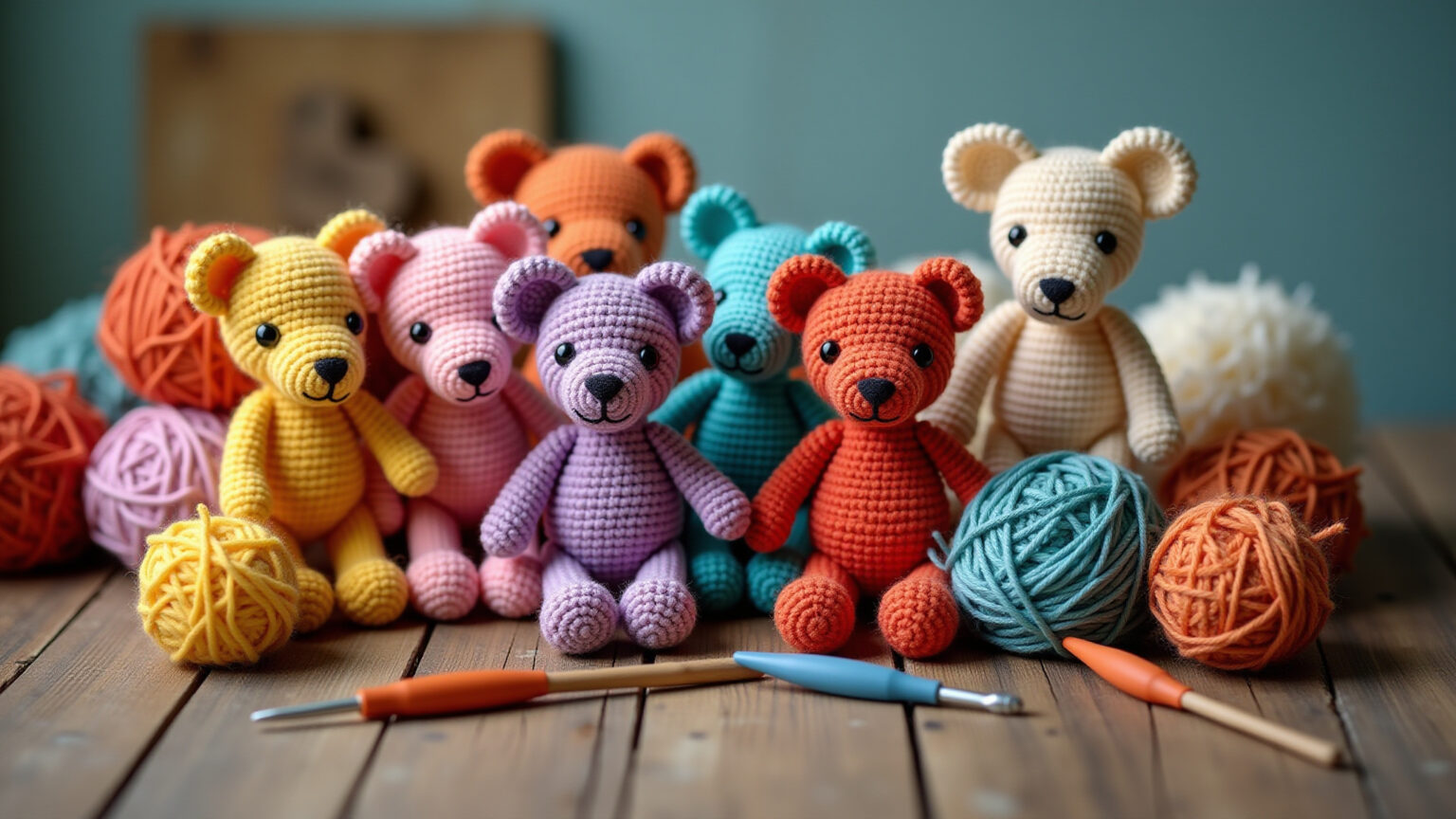 Amigurumis coloridos em mesa de madeira rústica, prontos para fotografar.