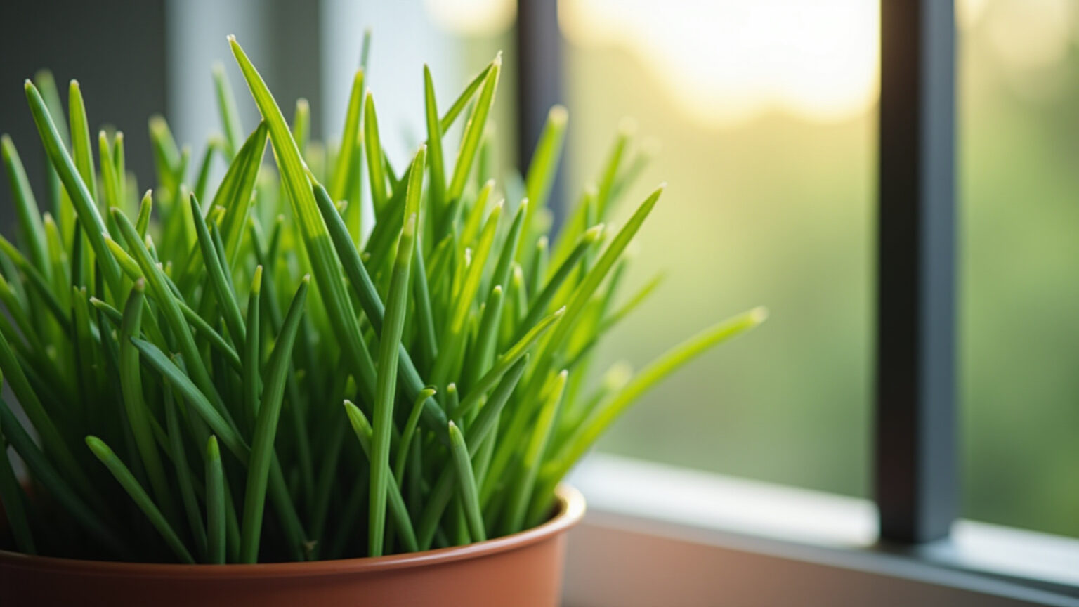 Como Plantar Cebolinha: Tempero Fresco o Ano Inteiro Cebolinha verde vibrante crescendo em um vaso ensolarado.