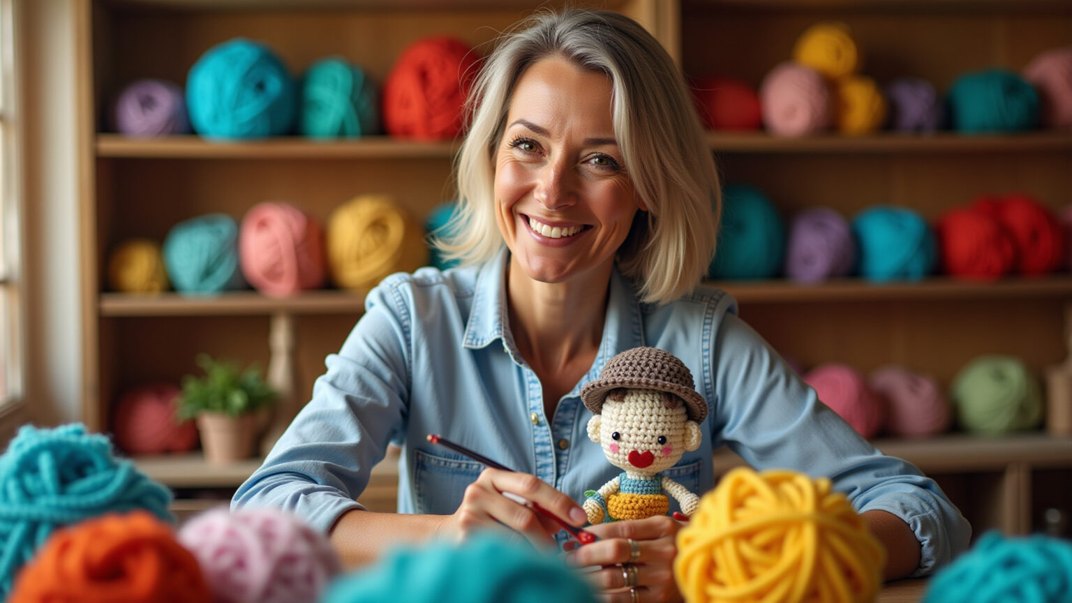 Amigurumi colorido feito com fios de algodão, acrílico e lã.