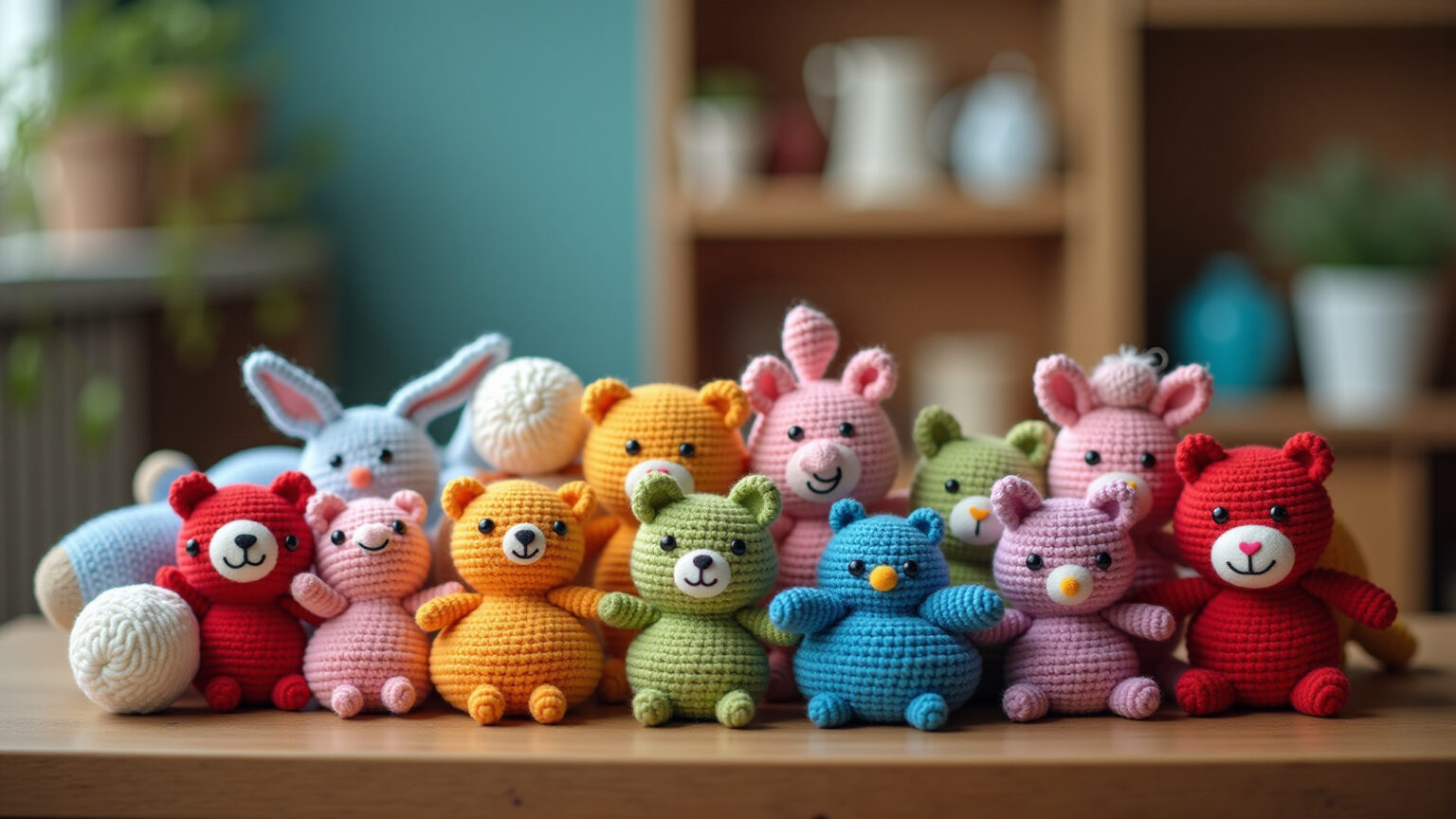 Agulhas de crochê e projetos de amigurumi coloridos.