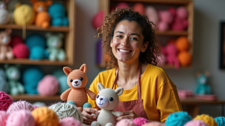 Mulher sorrindo enchendo amigurumi com fibra siliconada em ateliê vibrante.