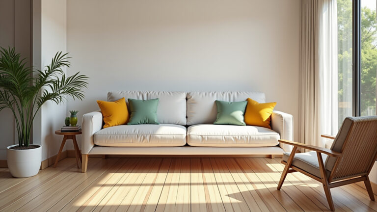 Sala de estar elegante com assoalho ripado claro e almofadas coloridas.