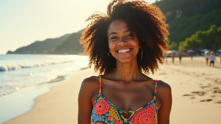 Mulher jovem e sorridente usando top de crochê colorido na praia.