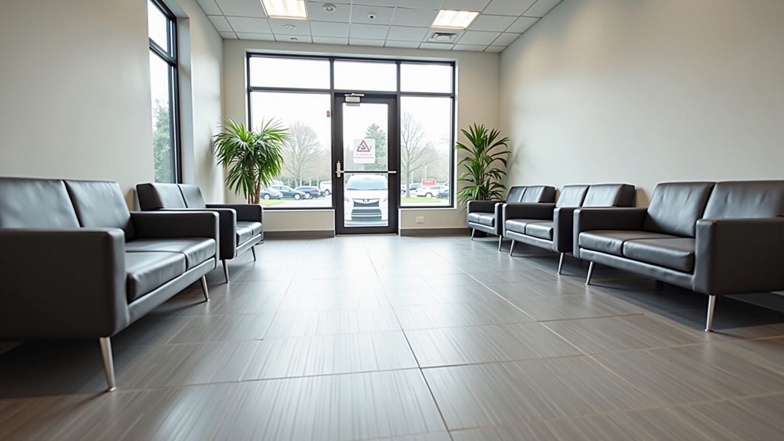 Sala de espera moderna com piso de porcelanato cinza claro e iluminação natural.