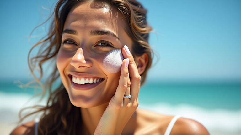 Mulher sorrindo aplicando protetor solar no rosto.