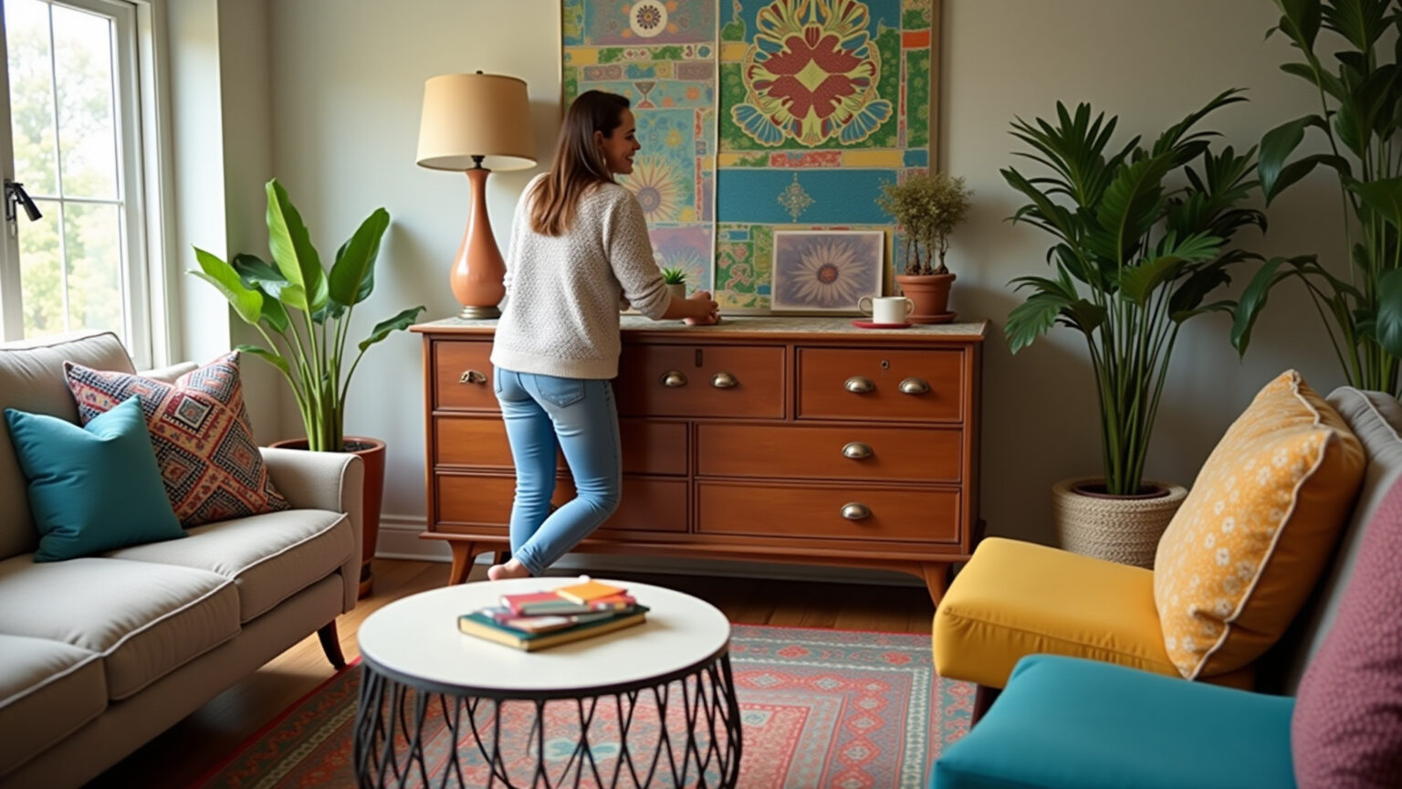 Móveis renovados: transforme peças antigas em tesouros modernos Sala de estar vibrante com móveis antigos renovados e toques brasileiros.