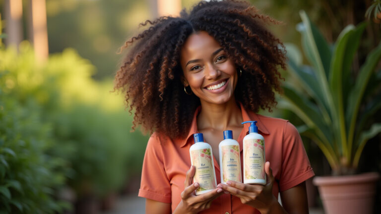 Mulher sorrindo com cachos definidos segurando produtos para cabelo cacheado.