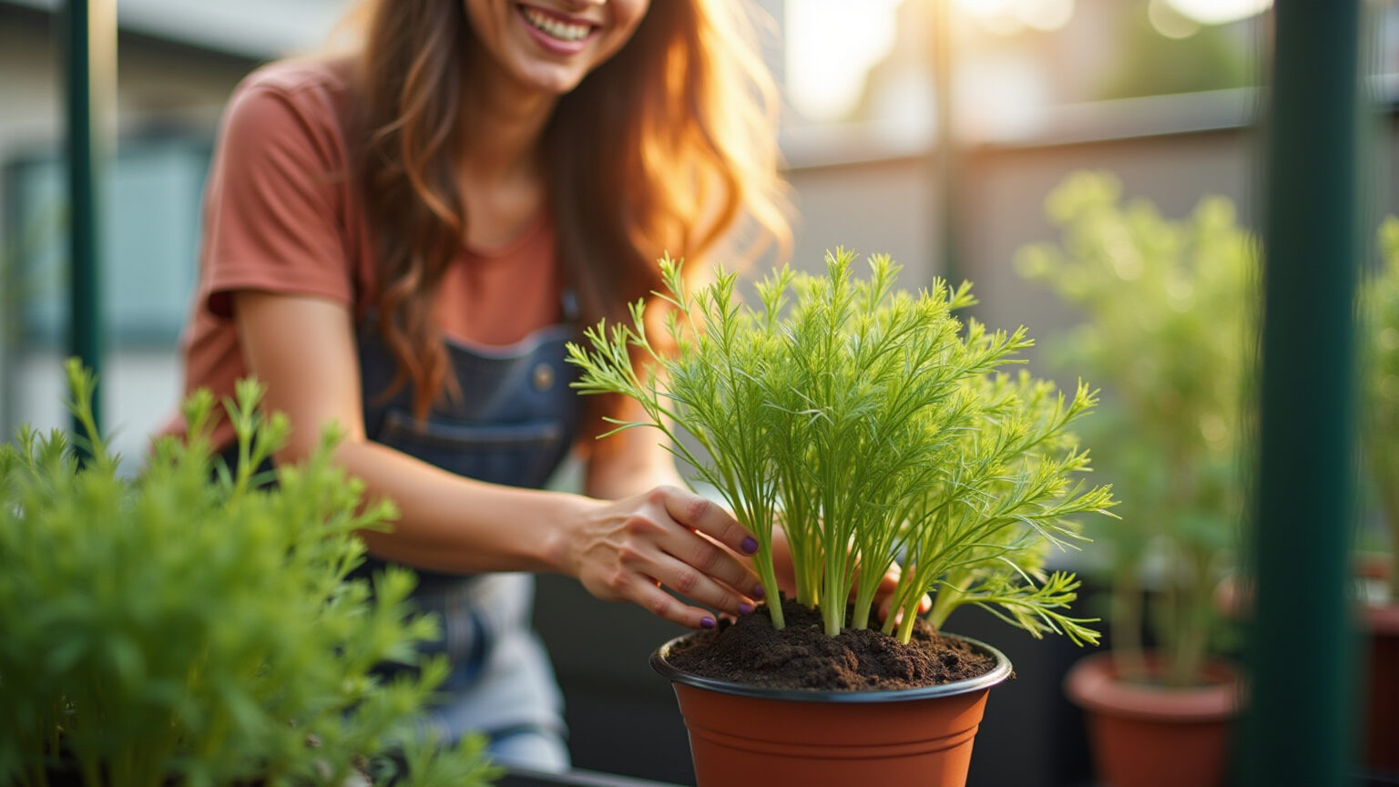 Mãos plantando endro em vaso, varanda ensolarada.