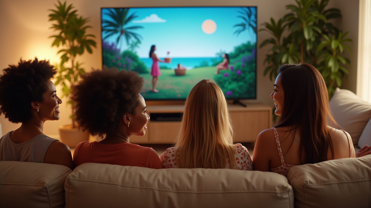 Mulheres brasileiras assistindo série de empoderamento feminino.