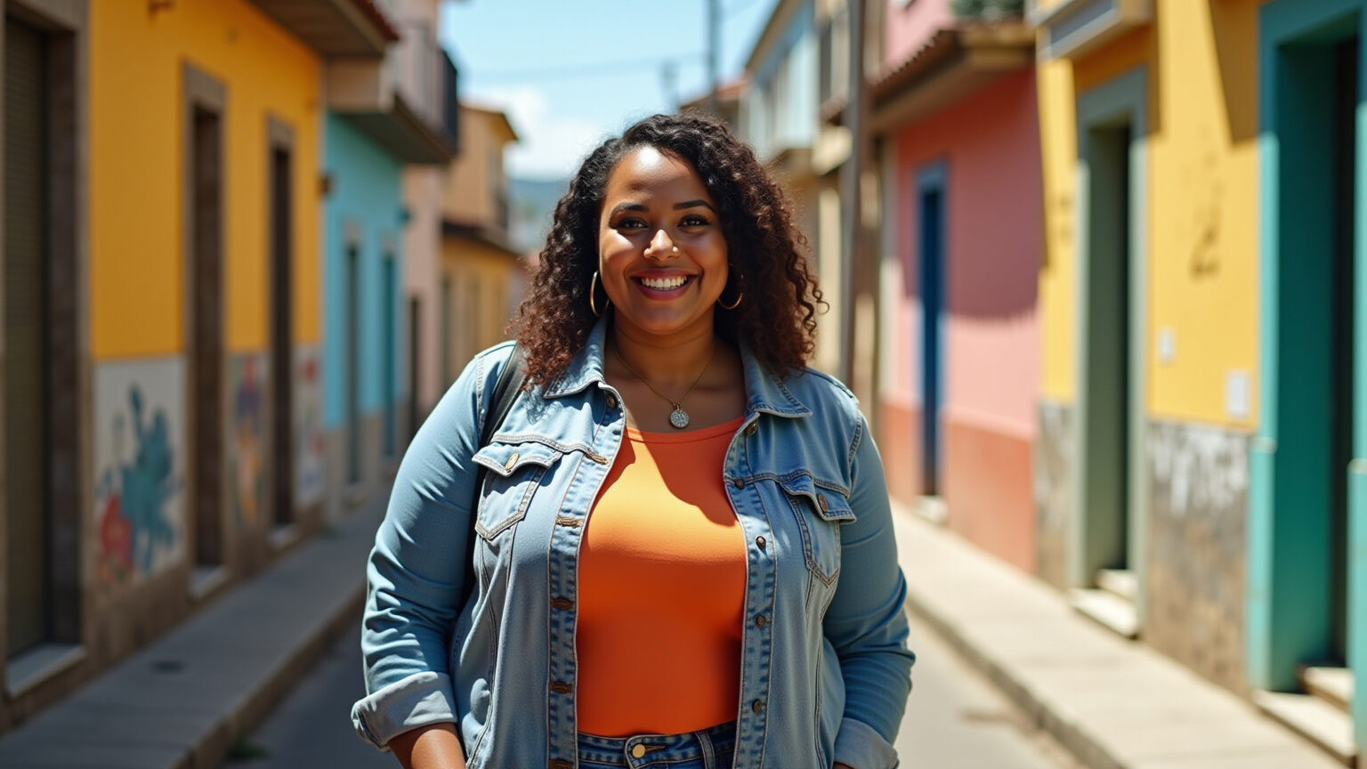 Mulher plus size sorrindo, vestindo roupas casuais estilosas em rua vibrante.
