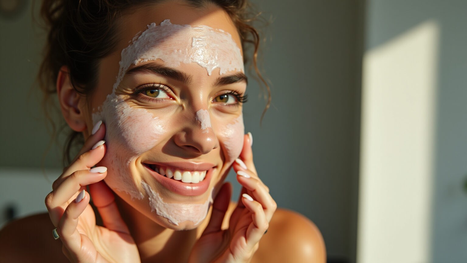 Mulher sorrindo aplicando peeling facial suave em casa.