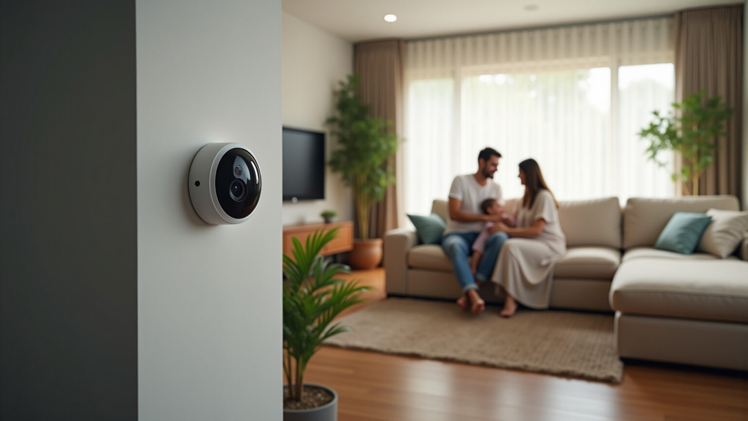 Câmera de segurança Wi-Fi monitorando sala de estar brasileira com família.