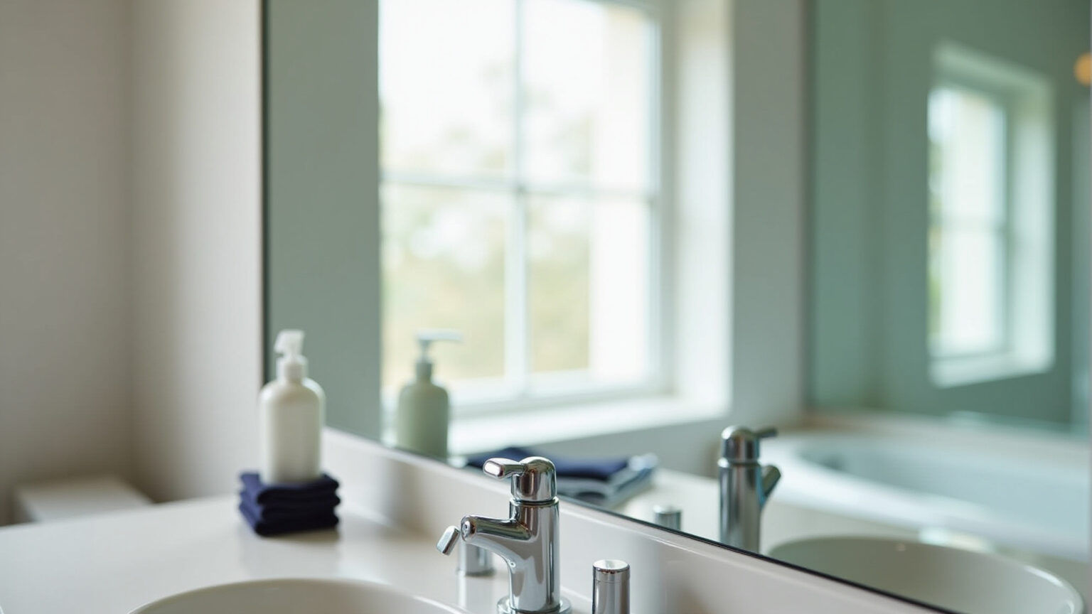 Espelho de banheiro impecavelmente limpo, sem manchas.