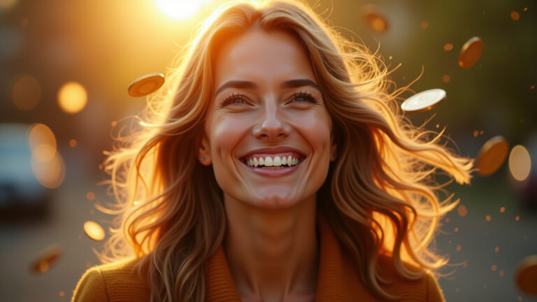Mulher sorrindo, atraindo dinheiro e prosperidade.