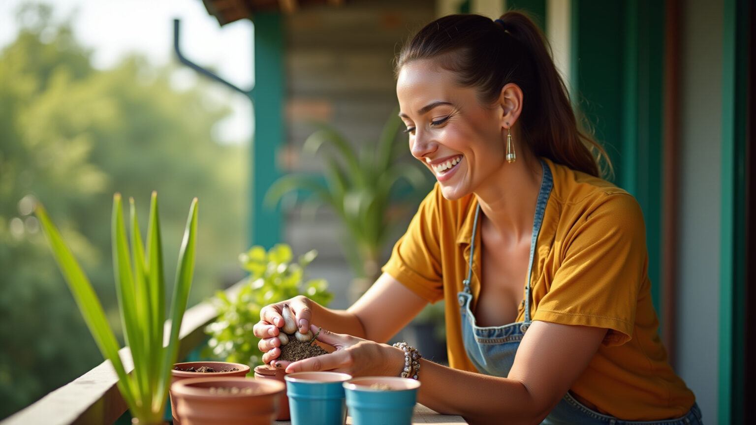 Como Plantar Alho em Casa: Descomplique e Tenha Alho Sempre Fresquinho! Mulher plantando alho em vasos pequenos na varanda ensolarada.