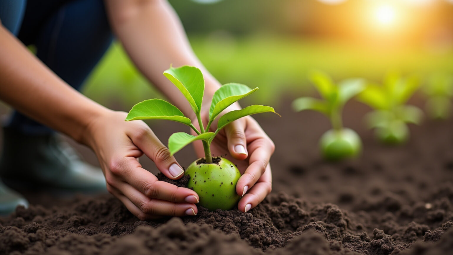 Mãos plantando muda de pitaya em solo fértil sob luz dourada.