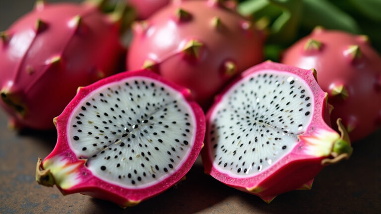Pitaya fresca cortada mostrando polpa branca e sementes pretas.
