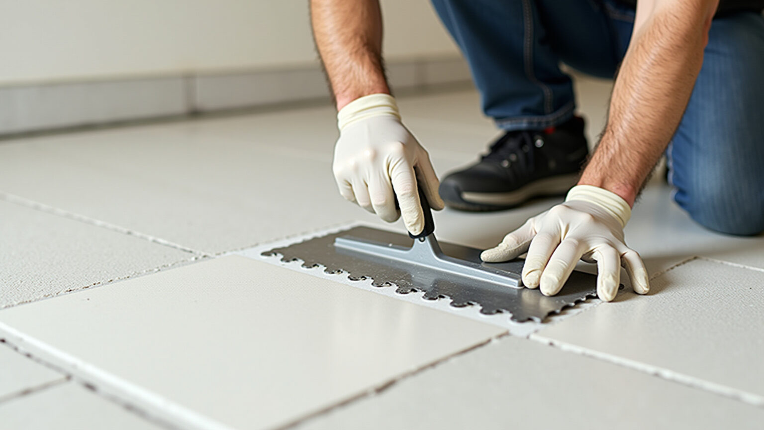 Desempenadeira Dentada: O Segredo do Assentamento Perfeito (e sem Stress!) Trabalhador aplicando argamassa com desempenadeira dentada.